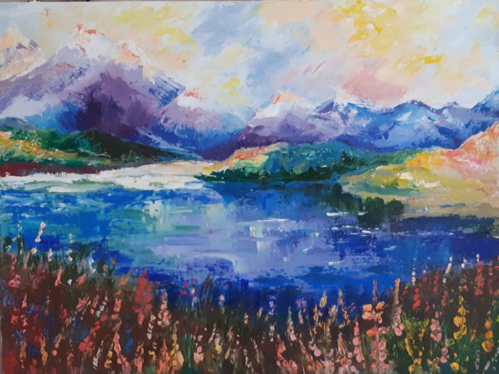 Painting titled "Lake" by Anna Potemkina, Original Artwork, Oil