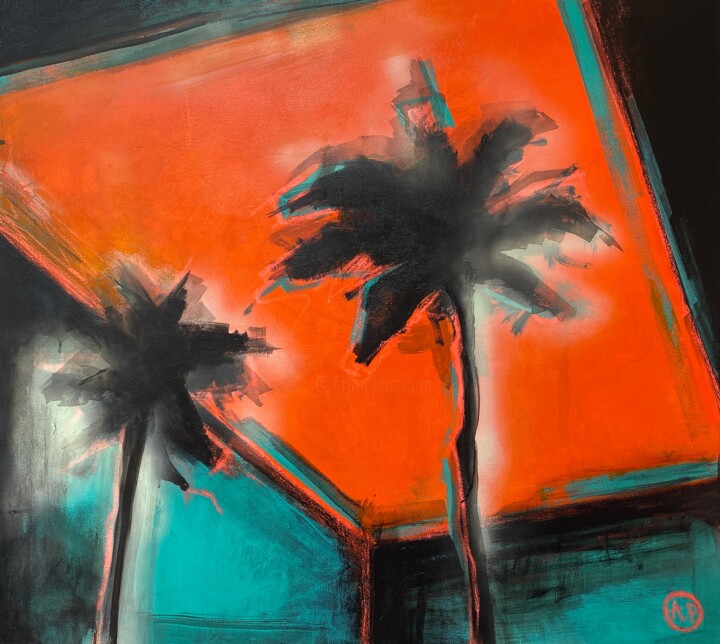 Painting titled ""Palm trees at suns…" by Anna Prykhodko, Original Artwork, Acrylic