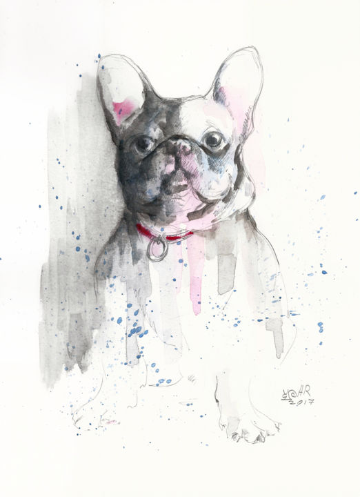 Painting titled "French Bulldog. Mon…" by Anna Bloomfield-Ravliuc, Original Art, Watercolor