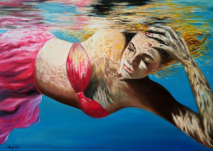 Painting titled "Underwater" by Anna Rita Angiolelli, Original Artwork, Oil Mounted on Wood Stretcher frame