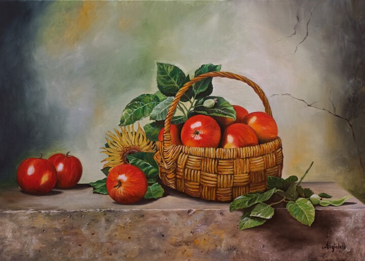 Painting titled "Red apples" by Anna Rita Angiolelli, Original Artwork, Oil Mounted on Wood Stretcher frame