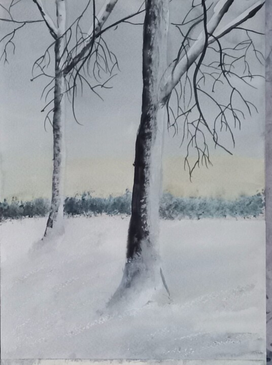 Schilderij getiteld "Снежное утро" door Anna Rogotneva, Origineel Kunstwerk, Aquarel