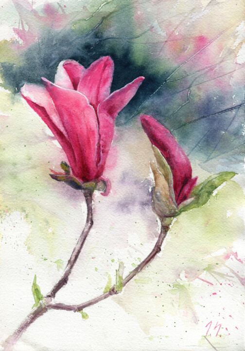 Pintura intitulada "Magnolia Branch" por Anna Samoilichenko, Obras de arte originais, Aquarela