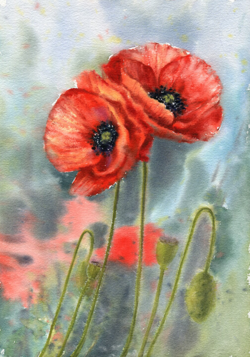 Painting titled "Poppy love" by Anna Samoilichenko, Original Artwork, Watercolor