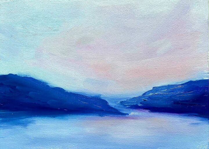 Peinture intitulée "Lake Sunset" par Anna Sea, Œuvre d'art originale, Huile Monté sur Panneau de bois