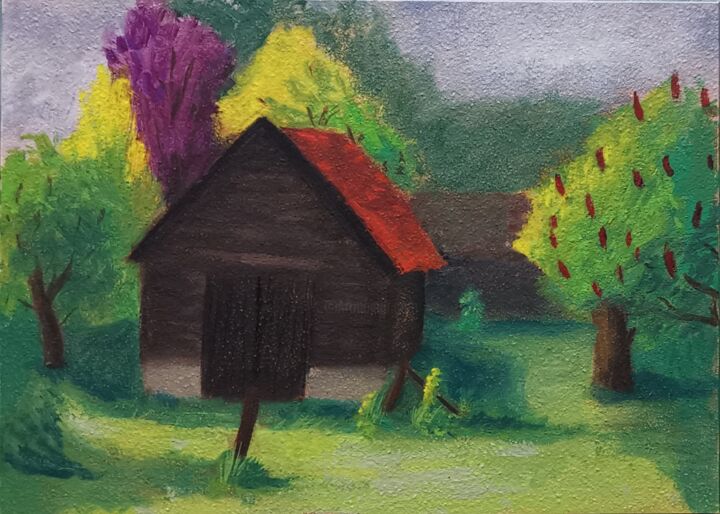 Painting titled "Dutch Barn" by Anna Sea, Original Artwork, Oil Mounted on Wood Panel