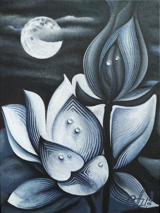 Painting titled "Water lily" by Anna Shabalova, Original Artwork, Oil Mounted on Cardboard