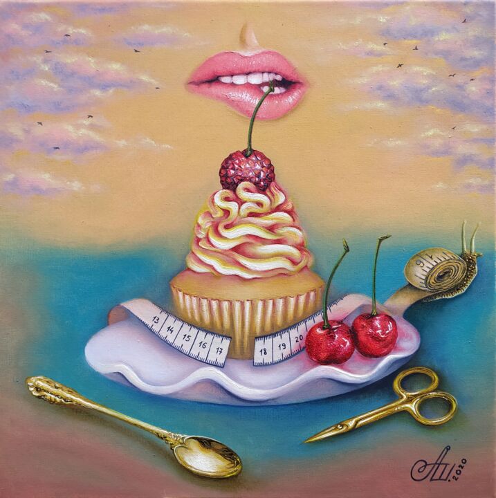 Painting titled "The perfect cupcake" by Anna Shabalova, Original Artwork, Oil Mounted on Wood Stretcher frame
