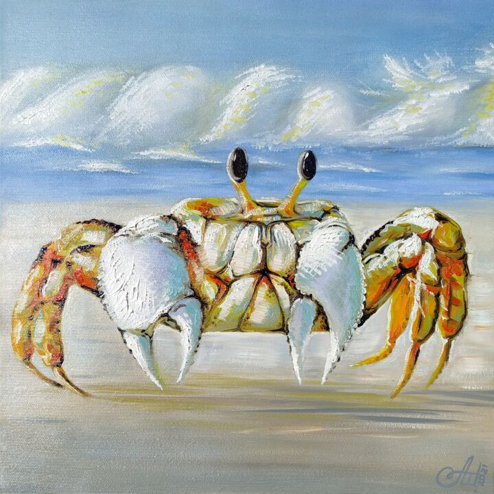 Painting titled "Sun crab" by Anna Shabalova, Original Artwork, Oil Mounted on Wood Stretcher frame