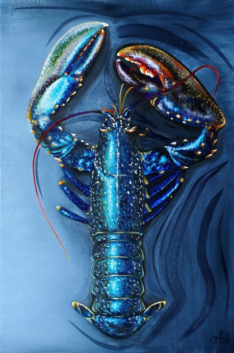 Painting titled "Royal lobster" by Anna Shabalova, Original Artwork, Oil Mounted on Wood Stretcher frame