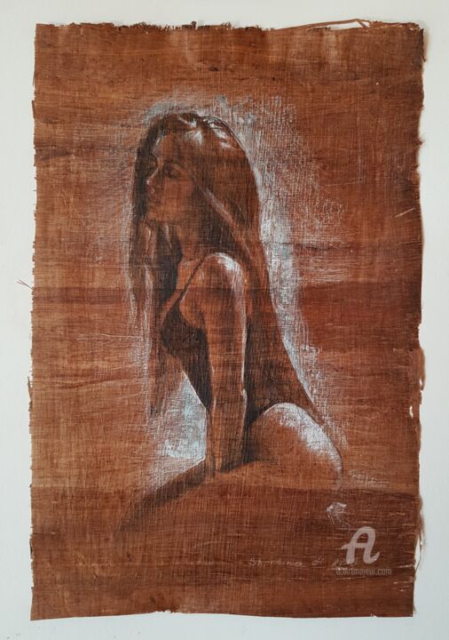 Dessin intitulée "Papyrus et fusain" par Anna Shpotina Peccoud, Œuvre d'art originale, Craie