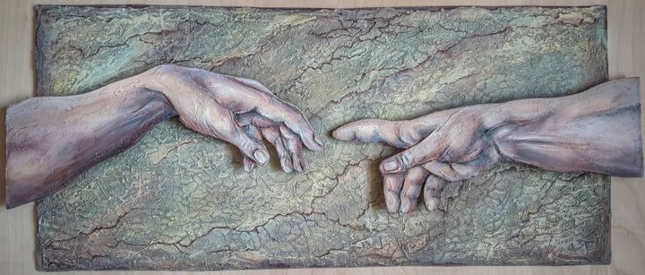 Картина под названием "The Hand of Adam an…" - Anna Shuvaeva, Подлинное произведение искусства, Акрил Установлен на Деревянн…