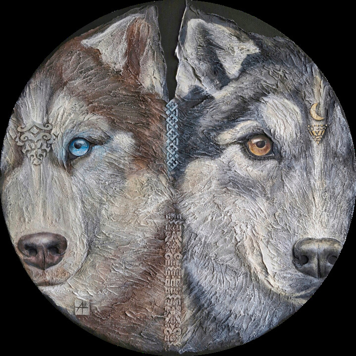 Painting titled "Two (Huskies)" by Anna Shuvaeva, Original Artwork, Acrylic Mounted on Wood Stretcher frame