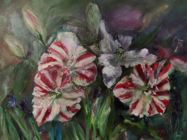 Картина под названием "Лилии в саду" - Anna Shwed, Подлинное произведение искусства, Масло