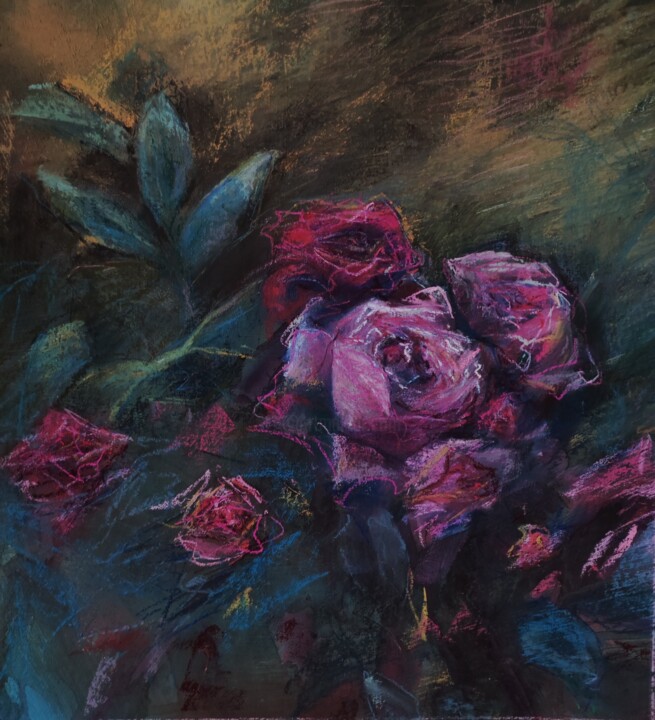 Dessin intitulée "Садовые цветы. Розы…" par Anna Shwed, Œuvre d'art originale, Pastel