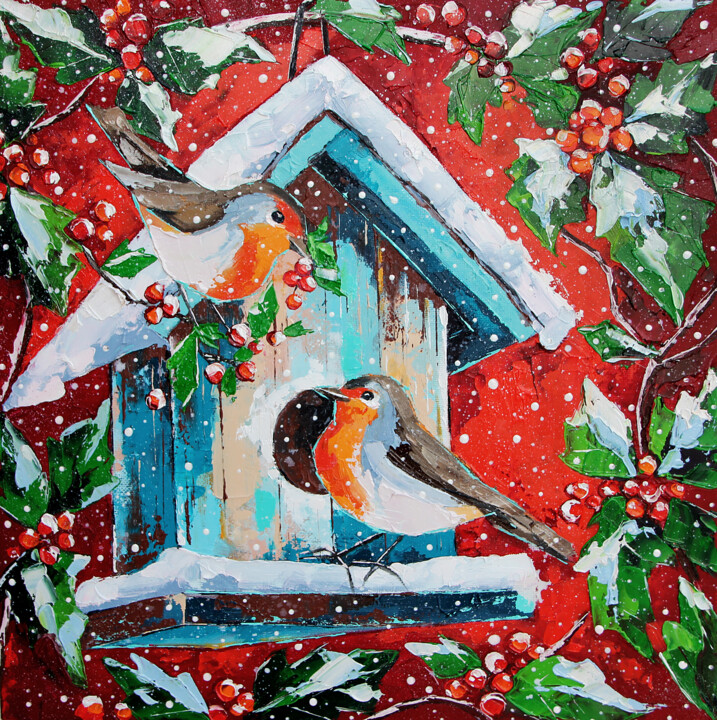 Painting titled "Christmas birds. Ro…" by Anna Startseva, Original Artwork, Oil