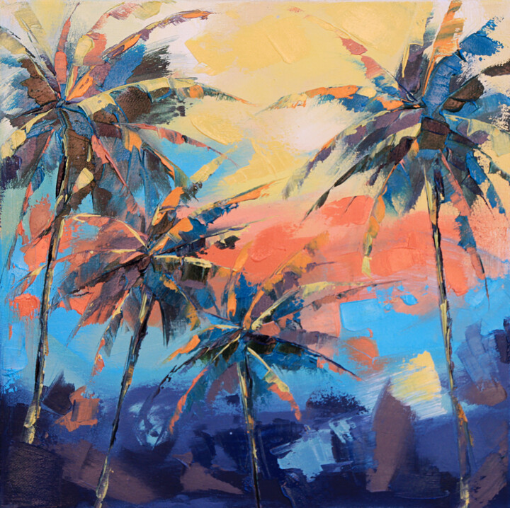Malerei mit dem Titel "Palm trees at sunse…" von Anna Startseva, Original-Kunstwerk, Öl