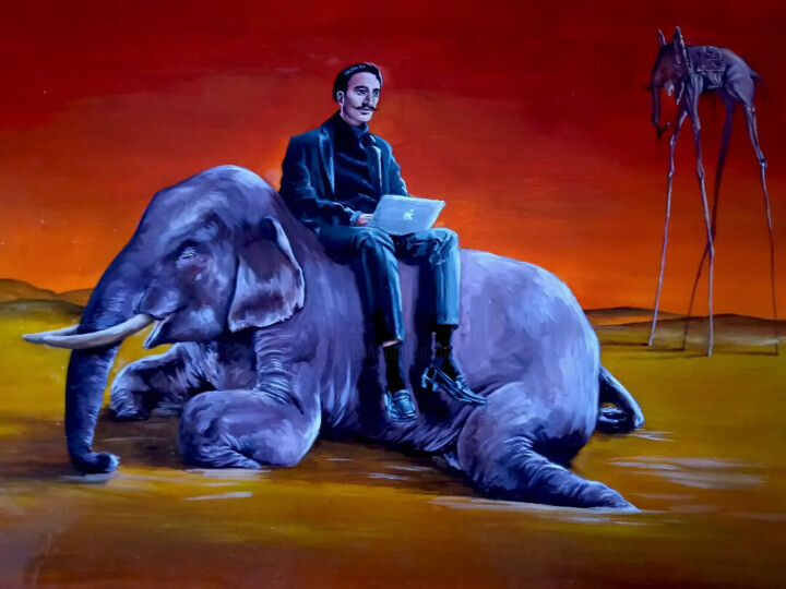 Painting titled "Dali is on an eleph…" by Anna Sukhonosova, Original Artwork, Gouache