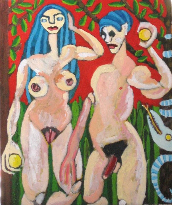 Painting titled "Adam, Eve et le ser…" by Anna Synoradzka, Original Artwork, Oil