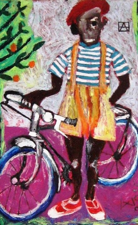 Painting titled "Garçon et son vélo." by Anna Synoradzka, Original Artwork, Oil
