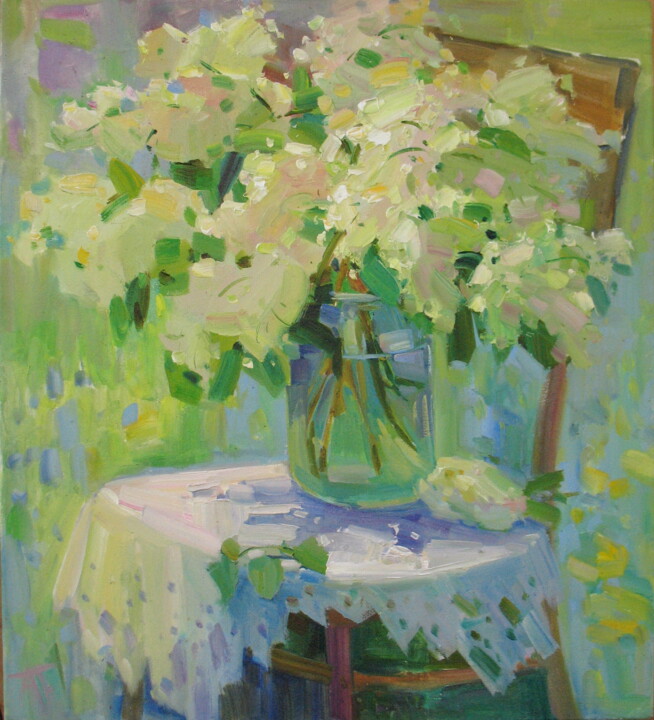 Painting titled "White lilac" by Anna Trachuk, Original Artwork, Oil Mounted on Wood Stretcher frame