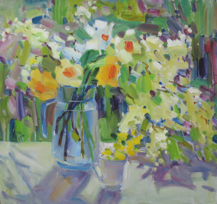 Painting titled "Daffodils and bird…" by Anna Trachuk, Original Artwork, Oil Mounted on Wood Panel