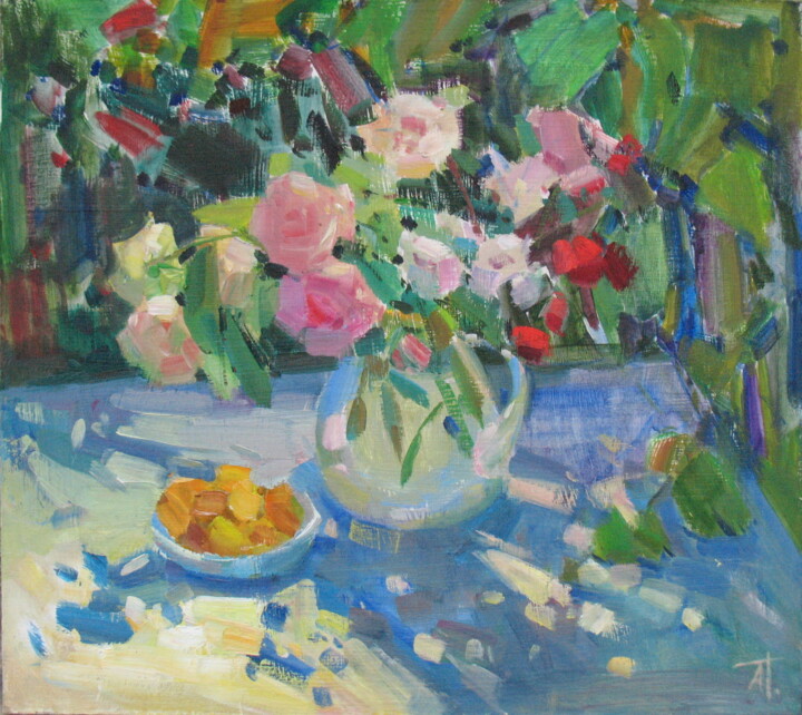 Painting titled "Summer afternoon" by Anna Trachuk, Original Artwork, Oil Mounted on Wood Panel