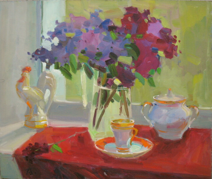 Painting titled "Still life with a r…" by Anna Trachuk, Original Artwork, Oil Mounted on Wood Panel