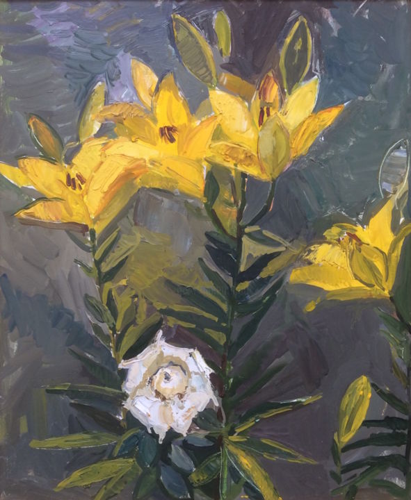Painting titled "Yellow lilies" by Anna Trigub, Original Artwork, Oil