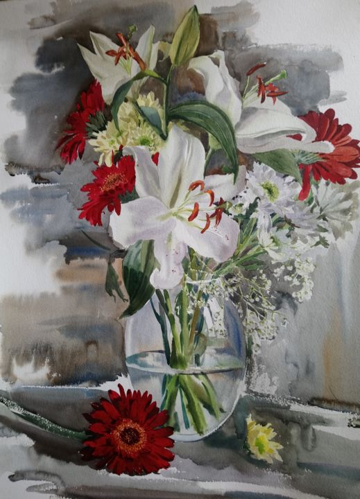 Painting titled "Белые лилии" by Anna Ugrumova, Original Artwork, Watercolor