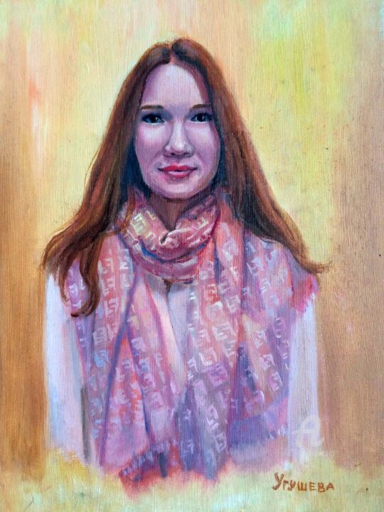 Картина под названием "Girl in a pink scarf" - Anna Ugusheva, Подлинное произведение искусства, Масло