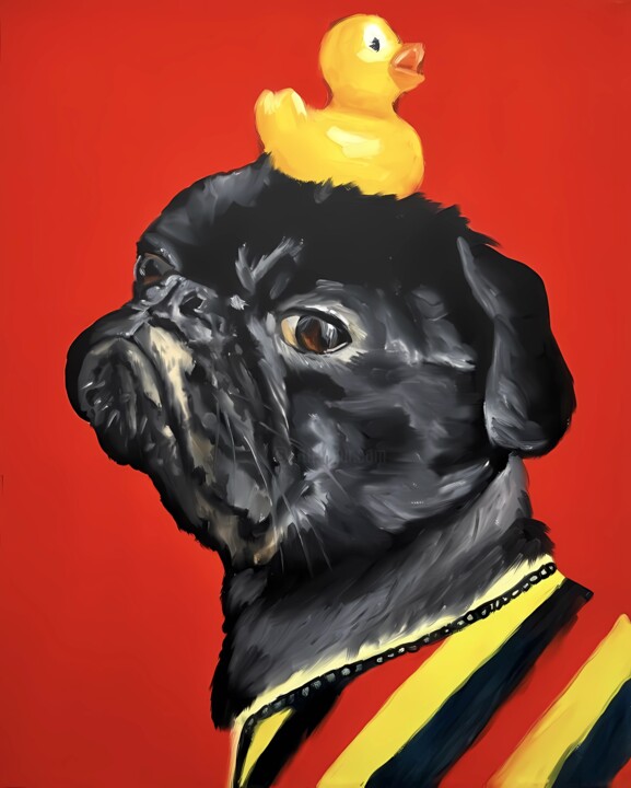 Schilderij getiteld "Dog's Duck 1" door Anna Voronina, Origineel Kunstwerk, Olie