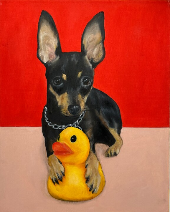 Painting titled "Dog's Duck 4" by Anna Voronina, Original Artwork, Oil Mounted on Wood Stretcher frame