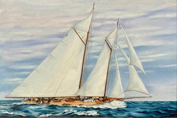 Painting titled "Schooner "Elena"" by Anna Zhdanyuk, Original Artwork, Oil Mounted on Wood Stretcher frame