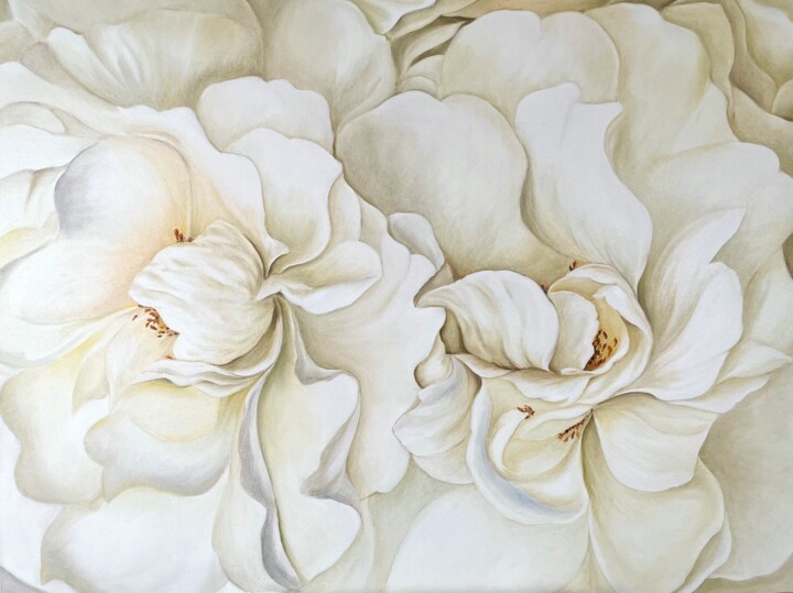 Painting titled "White roses" by Anna Zhdanyuk, Original Artwork, Oil Mounted on Wood Stretcher frame