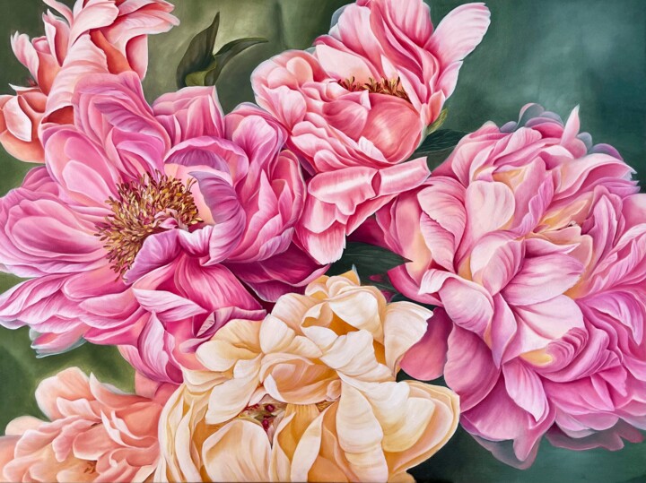 Painting titled "Peonies" by Anna Zhdanyuk, Original Artwork, Oil Mounted on Wood Stretcher frame