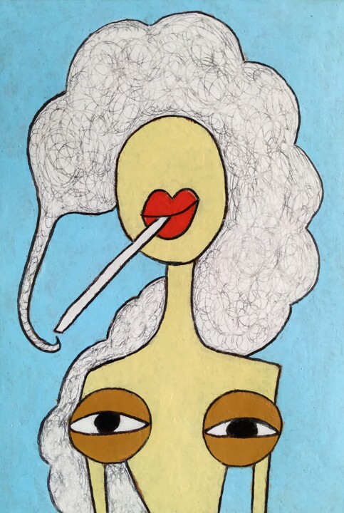 Dessin intitulée "My tits have a smok…" par Anna Zhuleva, Œuvre d'art originale, Pastel
