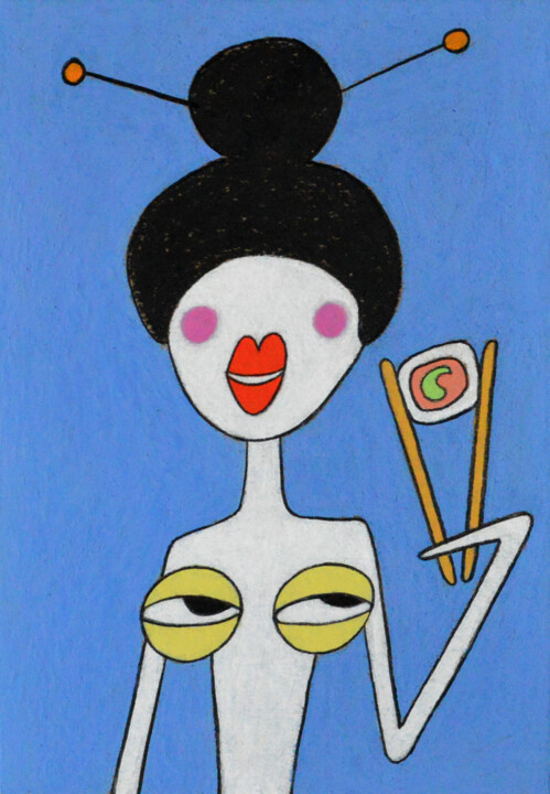 Desenho intitulada "My tits love sushi" por Anna Zhuleva, Obras de arte originais, Pastel