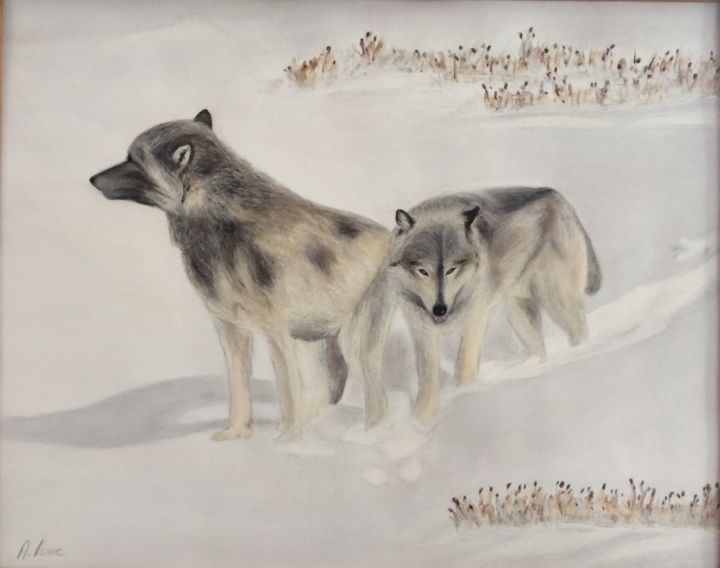「Wolves」というタイトルの絵画 Anna Isaacによって, オリジナルのアートワーク, パステル プレキシガラスにマウント