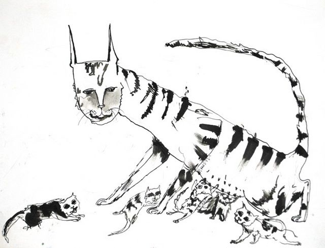 Рисунок под названием "Кошка с котятами" - Anna Gorbach, Подлинное произведение искусства, Другой
