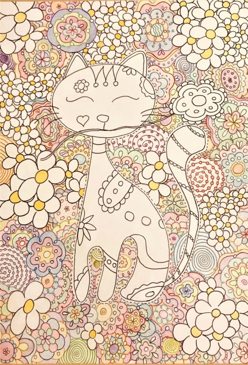 Drawing titled "Il gatto col fiore…" by Anna, Original Artwork, Conté