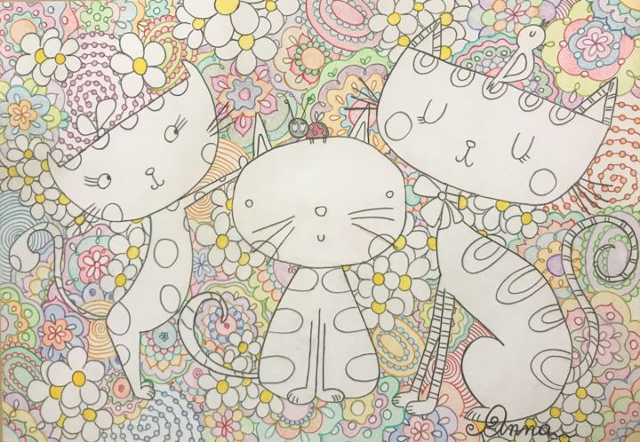 Disegno intitolato "Tre gatti" da Anna, Opera d'arte originale, Matite colorate