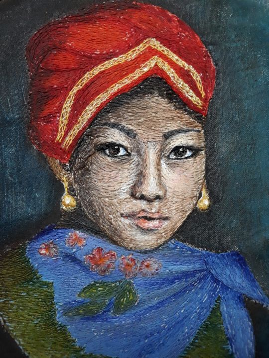 Textile Art με τίτλο "Exotic portrait" από Anna Maglioccola, Αυθεντικά έργα τέχνης, Νήμα Τοποθετήθηκε στο Plexiglass