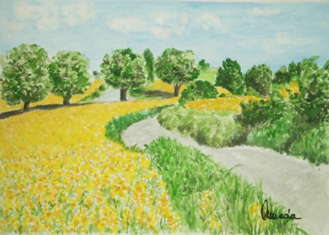Painting titled "Ridente campagna in…" by Annada, Original Artwork, Watercolor