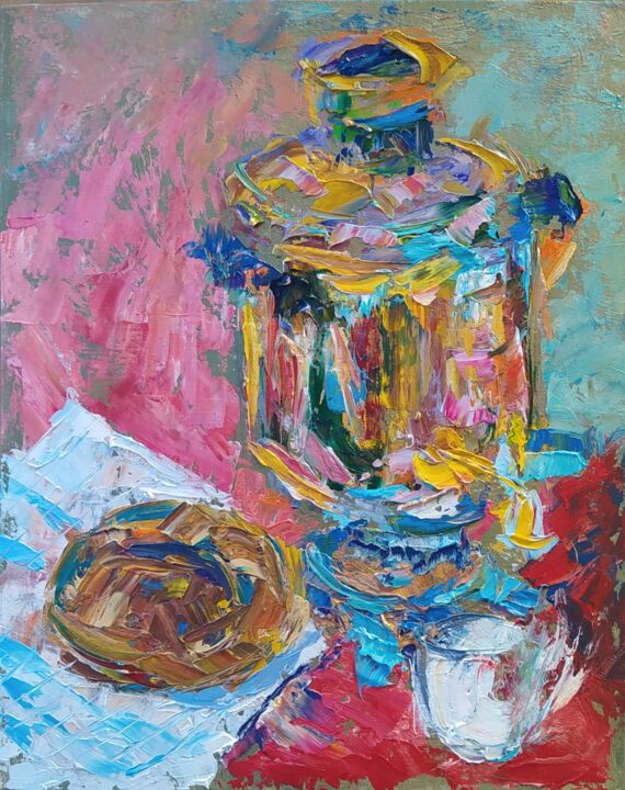 Картина под названием "Самовар, хлеб и бел…" - Anna Dolganova, Подлинное произведение искусства, Масло