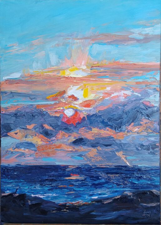 Картина под названием "Три солнца на рассв…" - Anna Dolganova, Подлинное произведение искусства, Масло Установлен на Деревян…