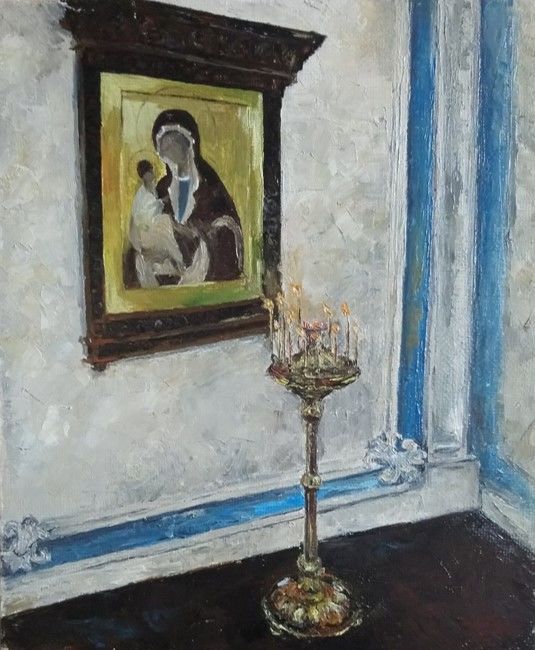 Картина под названием "В храме" - Анна Гусева, Подлинное произведение искусства, Масло Установлен на Деревянная рама для нос…