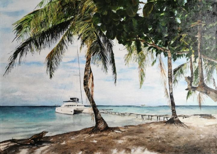 Картина под названием "Остров игуан" - Анна Гусева, Подлинное произведение искусства, Масло Установлен на Деревянная рама дл…
