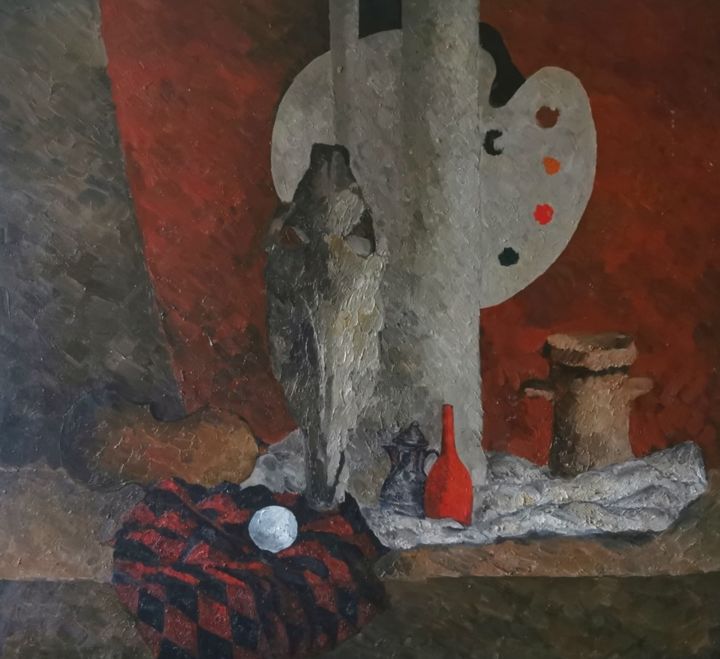 Painting titled "Натюрморт с черепом…" by Anna Guseva, Original Artwork, Oil Mounted on Wood Stretcher frame