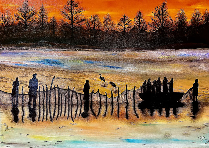 Peinture intitulée "Рыбаки Богемии" par Anna Kiptenko, Œuvre d'art originale, Huile Monté sur Châssis en bois